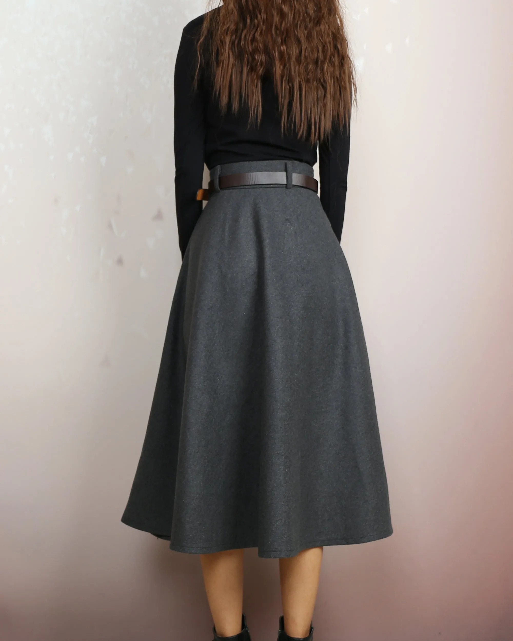 Wool skirt, Midi skirt, Winter skirt, Wool skirt with belt, custom made skirt, black skirt (Q2143)