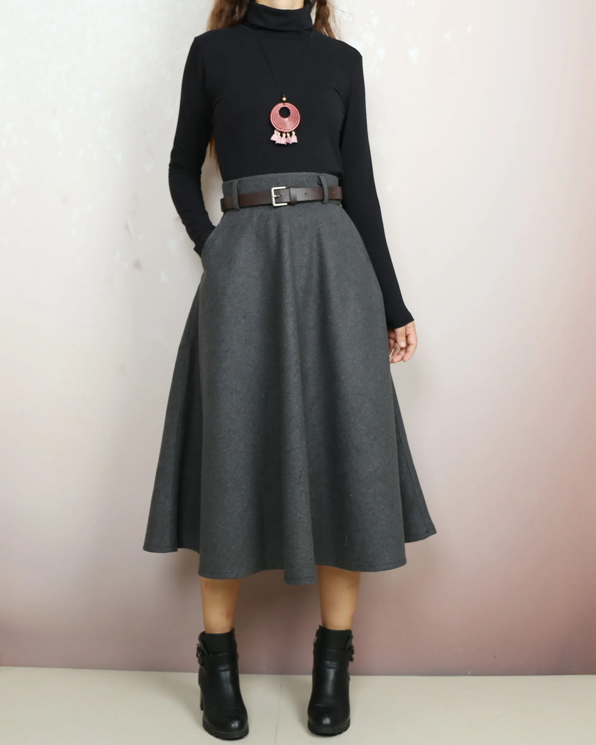 Wool skirt, Midi skirt, Winter skirt, Wool skirt with belt, custom made skirt, black skirt (Q2143)