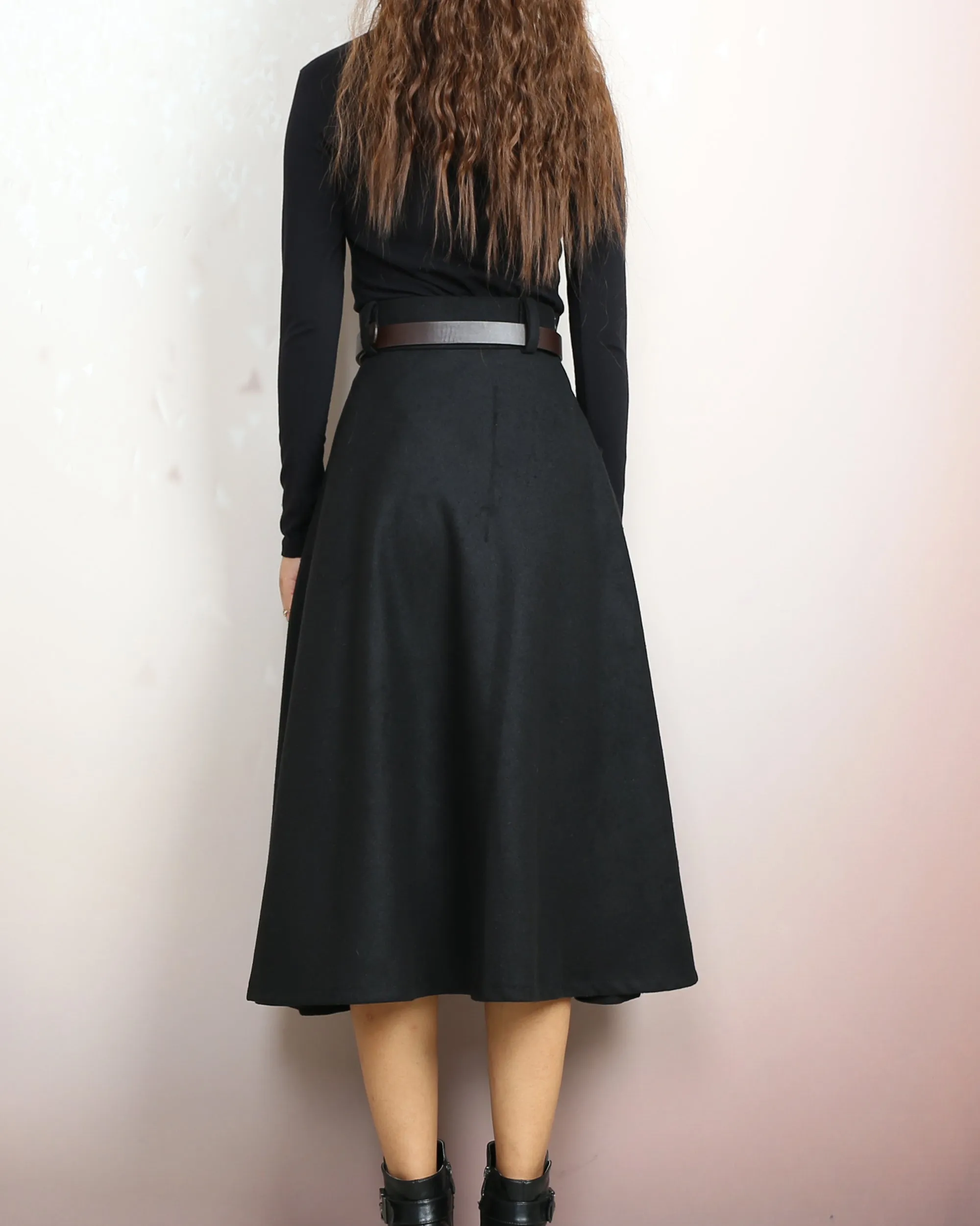 Wool skirt, Midi skirt, Winter skirt, Wool skirt with belt, custom made skirt, black skirt (Q2143)