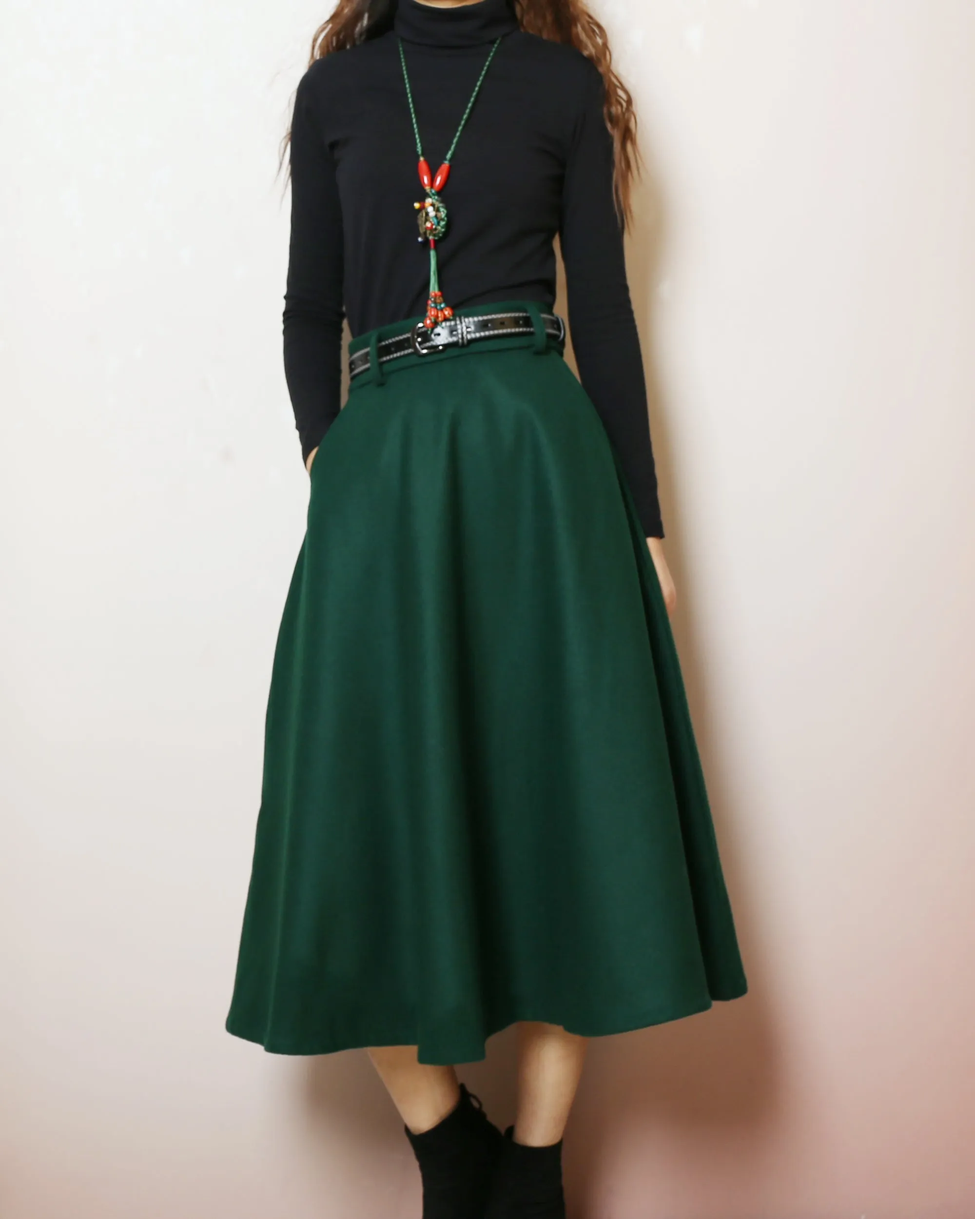 Wool skirt, Midi skirt, Winter skirt, Wool skirt with belt, custom made skirt, black skirt (Q2143)