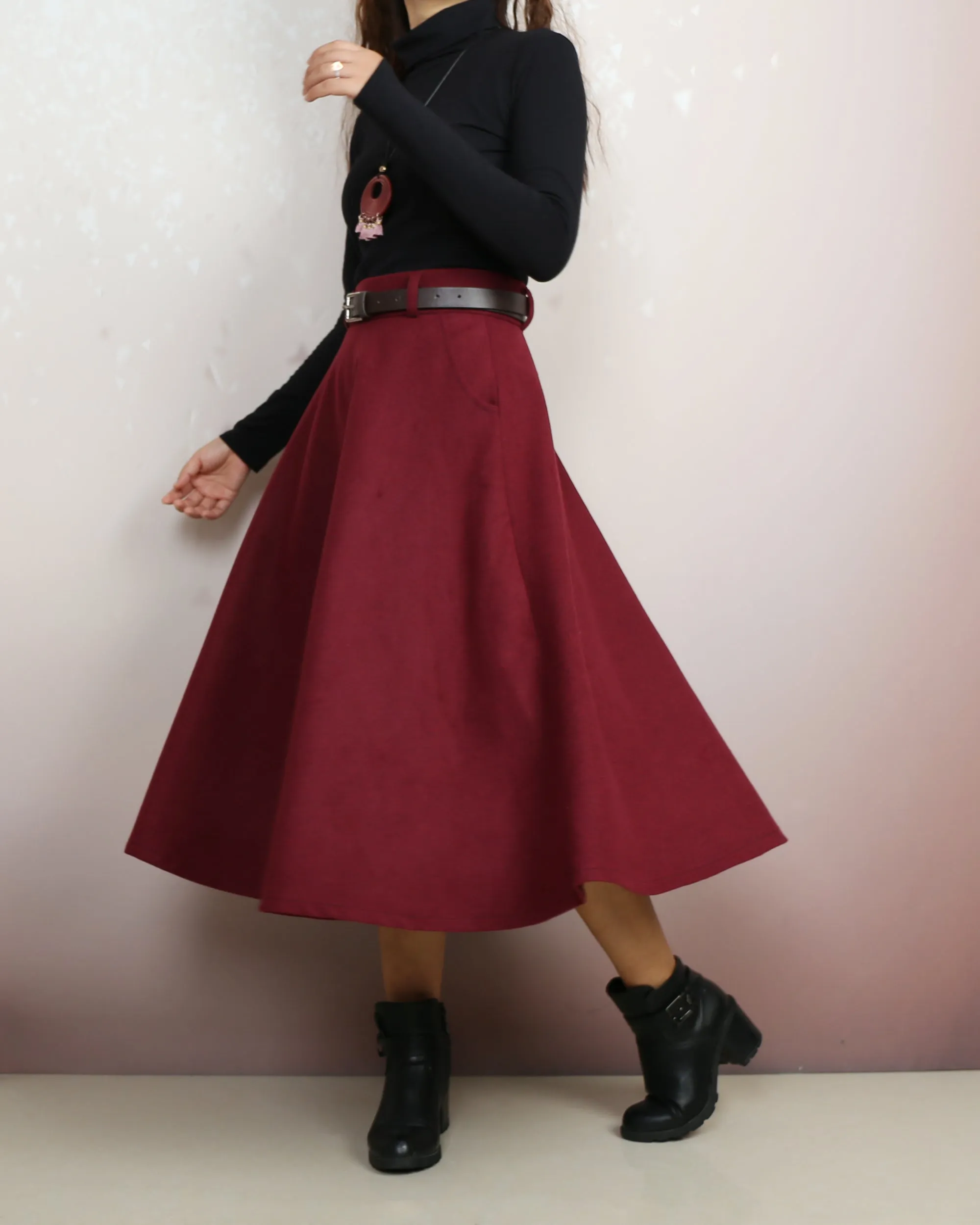 Wool skirt, Midi skirt, Winter skirt, Wool skirt with belt, custom made skirt, black skirt (Q2143)