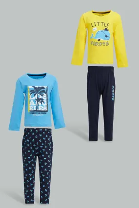 Yellow And Blue Beach Theme Pyjama Set For Baby Boys (Pack of 2)