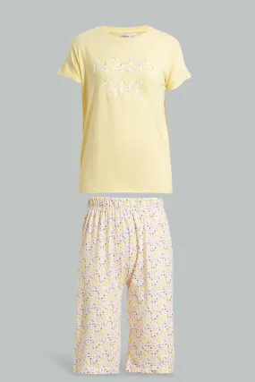 Yellow And White Floral Pyjama Set For Senior Girls (2 Piece)