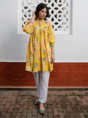 Yellow Cotton Trophical Gathered Tunic  - By Janasya