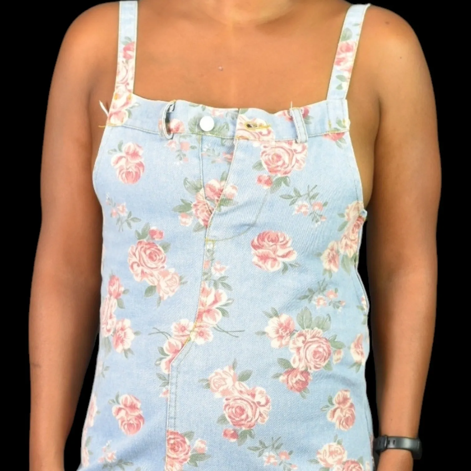 Yi Luo Floral Jean Overall Dress Blue Denim Bib Fly Front Roses Retro Pinafore Apron Size Small