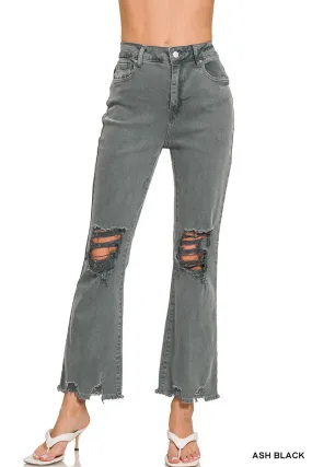 Zenana Acid Washed High Waist Distressed Straight Pants