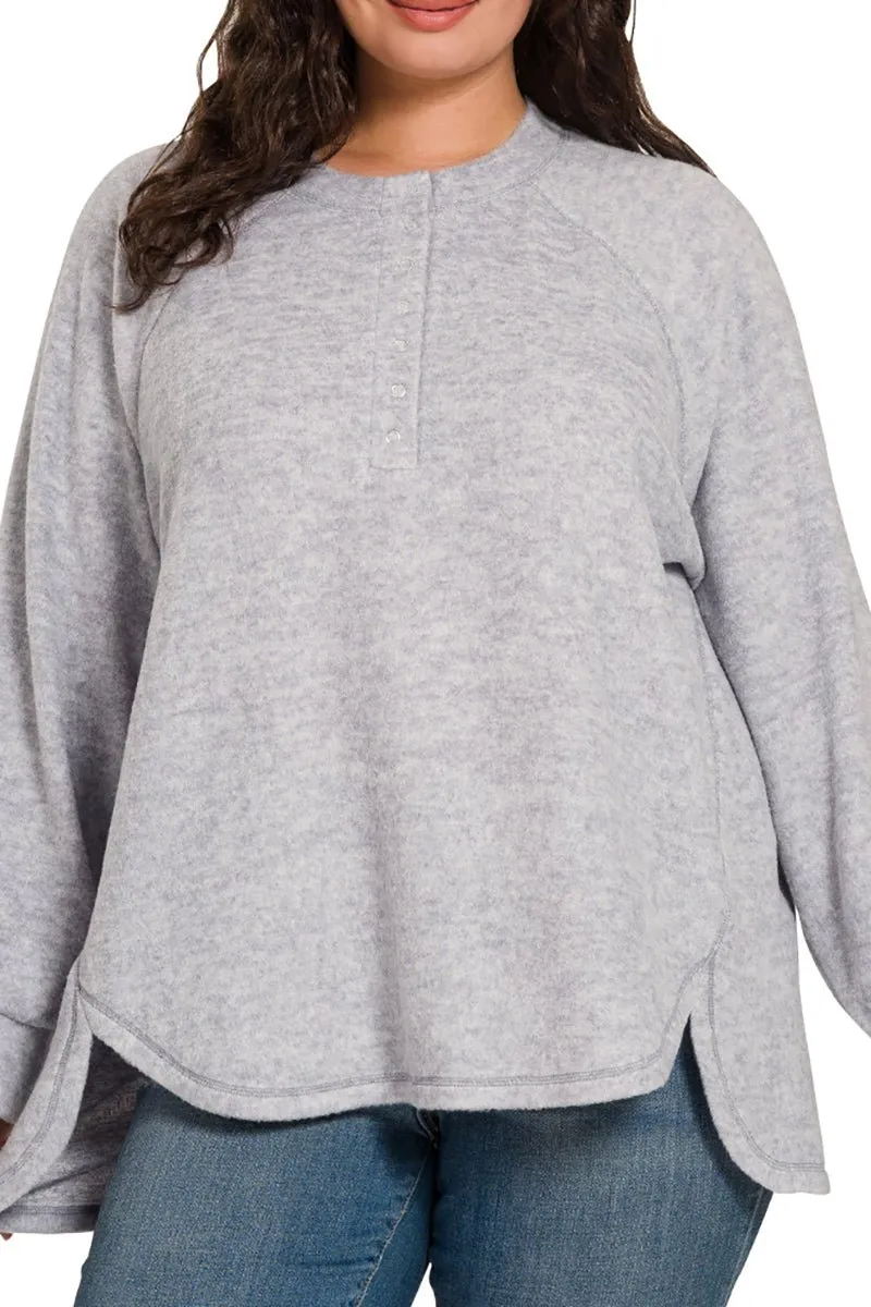 Zenana Plus Size November Nights Heather Gray Brushed Hacci Henley Sweater