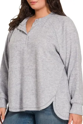 Zenana Plus Size November Nights Heather Gray Brushed Hacci Henley Sweater